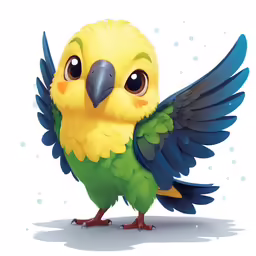 a yellow parrot standing up with wings spread