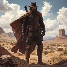a man with a hat and jacket in the desert