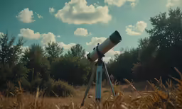 the telescope is leaning against a wooden pole