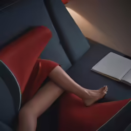 the woman has a red chair with a book on it