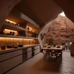 a dining area with tables and chairs near the wall