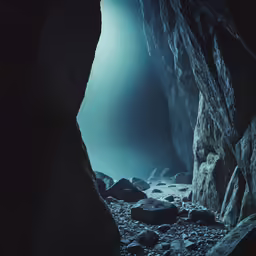 the light shining from a cave opening into rocks