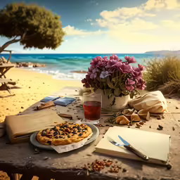 the pizza is on the table with flowers next to the book