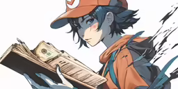 an anime boy holding a book, and looking at it
