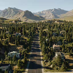 aerial shot of trees and buildings in a large valley