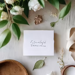 a table with white flowers and a note on it