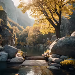 a wooden dock leading to an overlook of a mountain