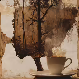 the mug on the plate is near a window with a reflection of trees