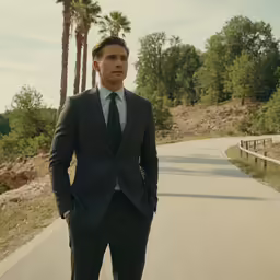 a man wearing a suit and tie standing in the middle of a road