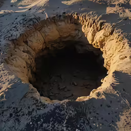 a pile of dirt in the shape of a hole on a beach