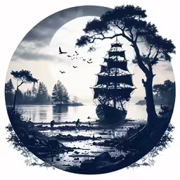 a ship in the water with birds flying around it