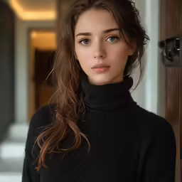 a beautiful young woman standing next to a doorway
