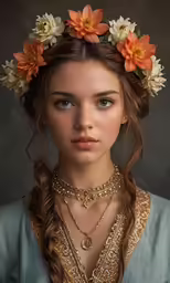 an image of a young lady with flowers on her head