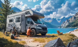 a camper van is parked in the mountains with other people