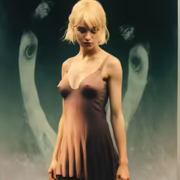 a woman with a short blond hair wearing a brown dress
