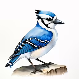 a watercolor painting of a blue jay sitting on a rock