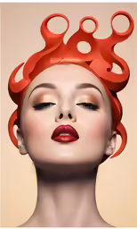 a woman wearing a red hair with giant scissors on her head