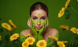 a woman in green painted face and yellow flowers