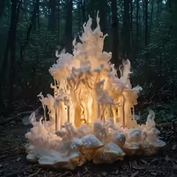 a lighted up mushroom sits in the middle of some brush