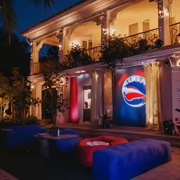 a building that is decorated with giant blue red and white bean bags