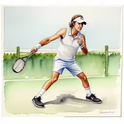 watercolor drawing of a man playing tennis on a court,a painting of a man with tennis racket,a watercolor drawing of a tennis player,a painting of a man about to hit a ball,a person on a field playing tennis