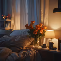 a vase with flowers on a night stand