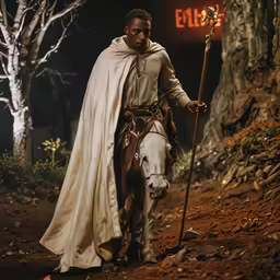 the man is walking with his horse and the name is on a sign