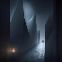 dark tunnel with man walking on pavement and light on