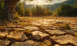 the sun rises over an unpaved rocky dirt path