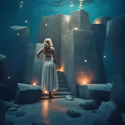 a girl stands in front of candles that shine brightly