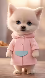 there is a small white dog dressed up like a little baby girl