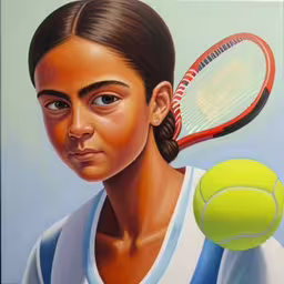 a painting of a woman with tennis racket,a painting of a woman playing tennis is featured
