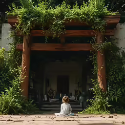 there is a person sitting in the middle of a garden