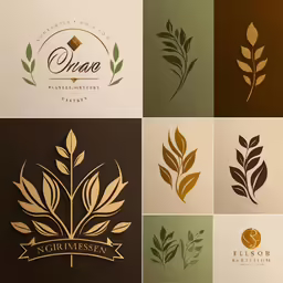 several logos designed to look like leaves with gold leaves on the bottom and sides
