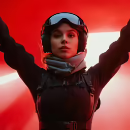 a young woman in full protective gear holds her hands up