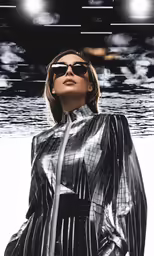 a woman in sunglasses and an oversized coat posing for a photo