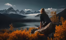 a woman sitting on a rock overlooking a mountain range