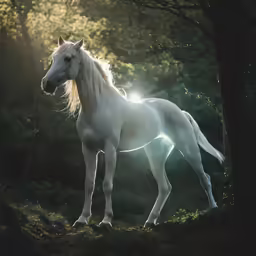 a beautiful white horse in a green forest