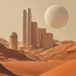 an artwork of desert landscape with a huge ball above it