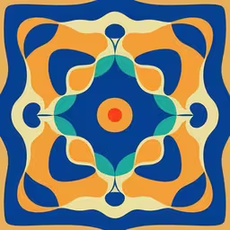 the orange and blue design is in this square,a blue and yellow square with a red dot