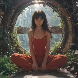 young woman in red top and brown pants sitting on platform in garden with circular door