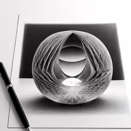 an empty vase is shown on a desk with a pen
