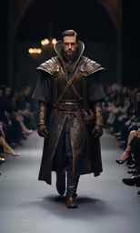 a man dressed in renaissance clothing walking down a runway