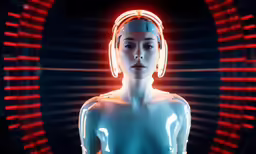 a woman with headphones is standing in front of lights