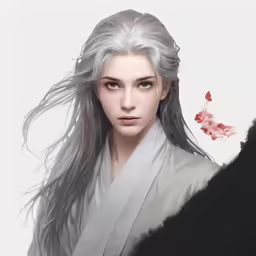 a young girl with long gray hair and grey dress