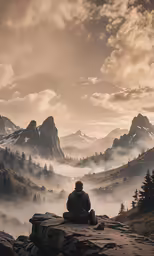 a man sitting on top of a cliff looking over a valley