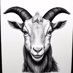 a black and white drawing of a ram with large horns