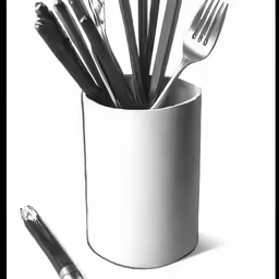 there is a white cup full of forks and spoons