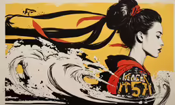 a painting of a woman with big black hair and red shirt