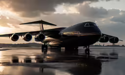 an air plane parked at the airport, under a cloudy sky